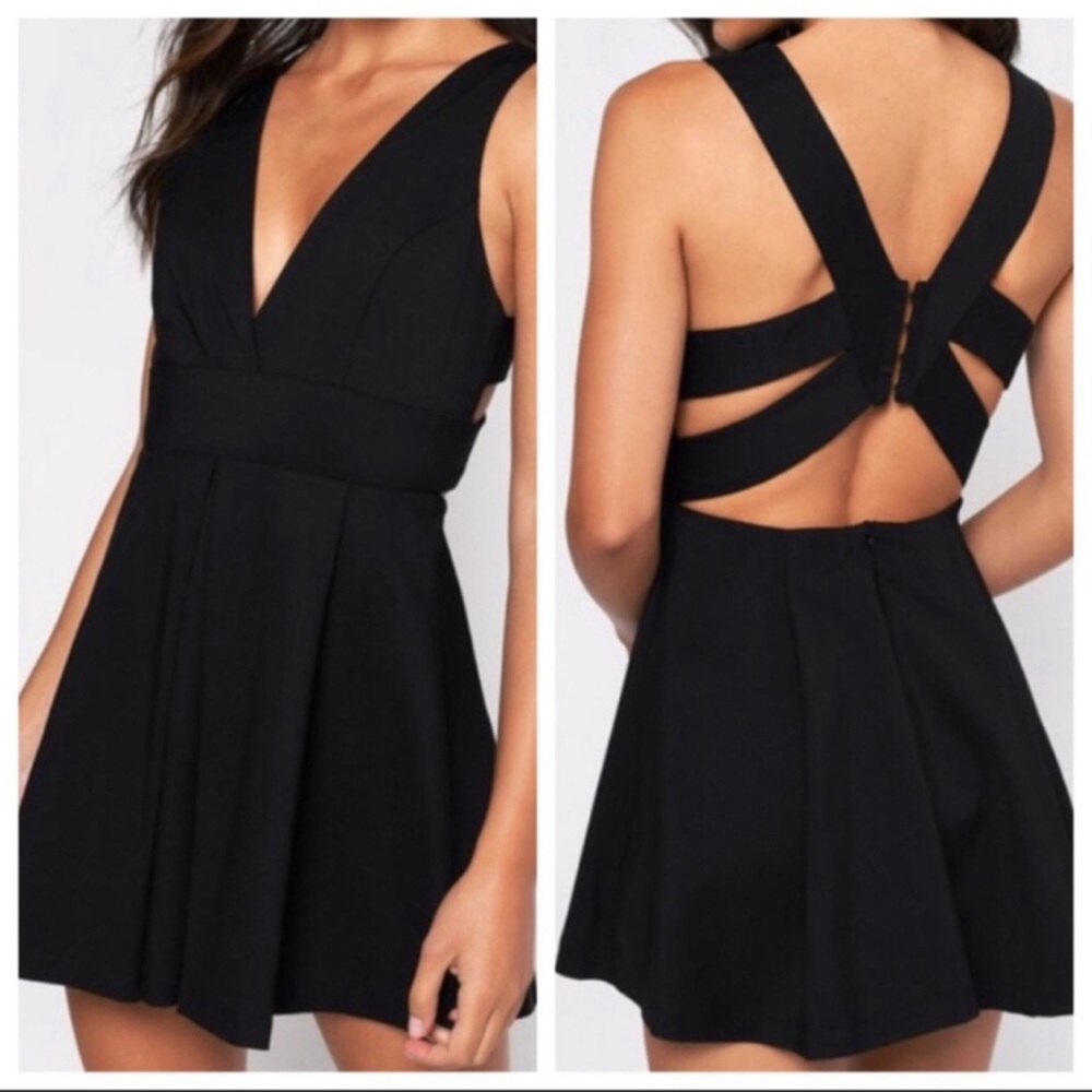 Tobi Pleated V Neck Black Skater Dress